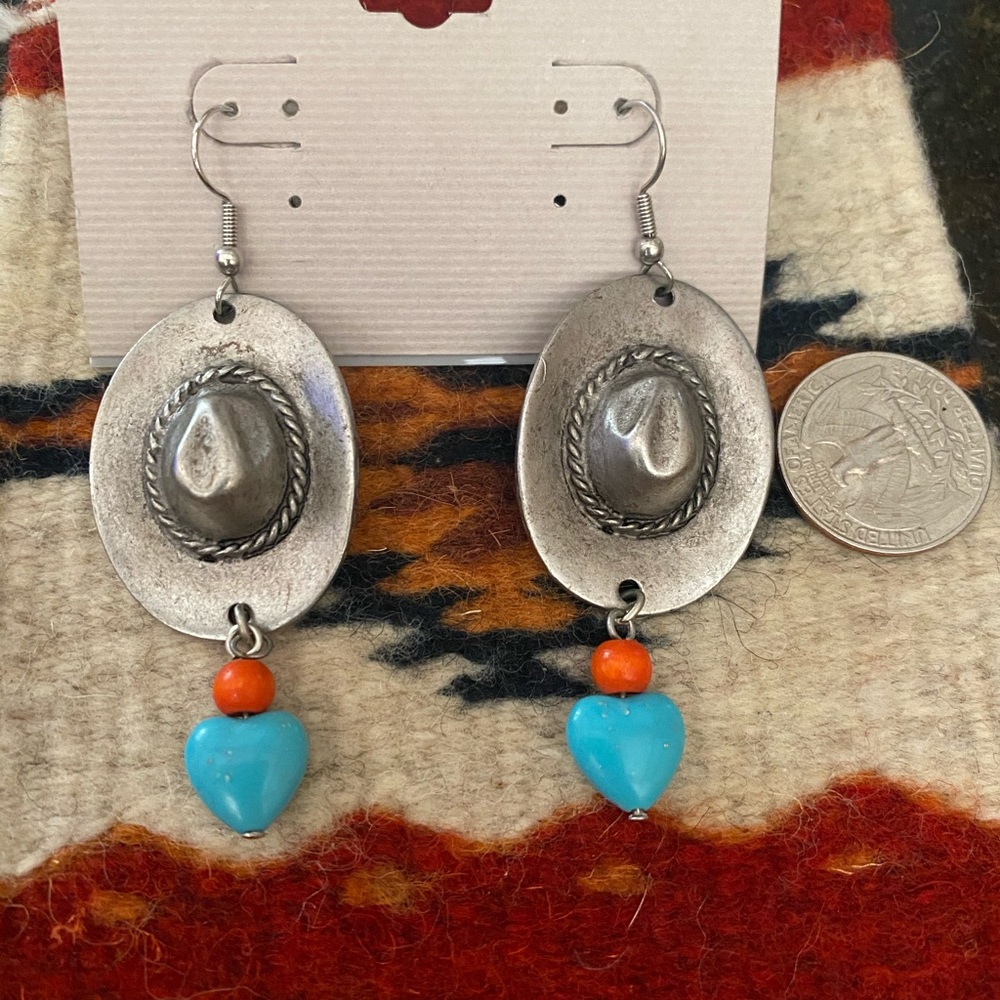 Silver cowboy hat earrings turquoise heart dangle